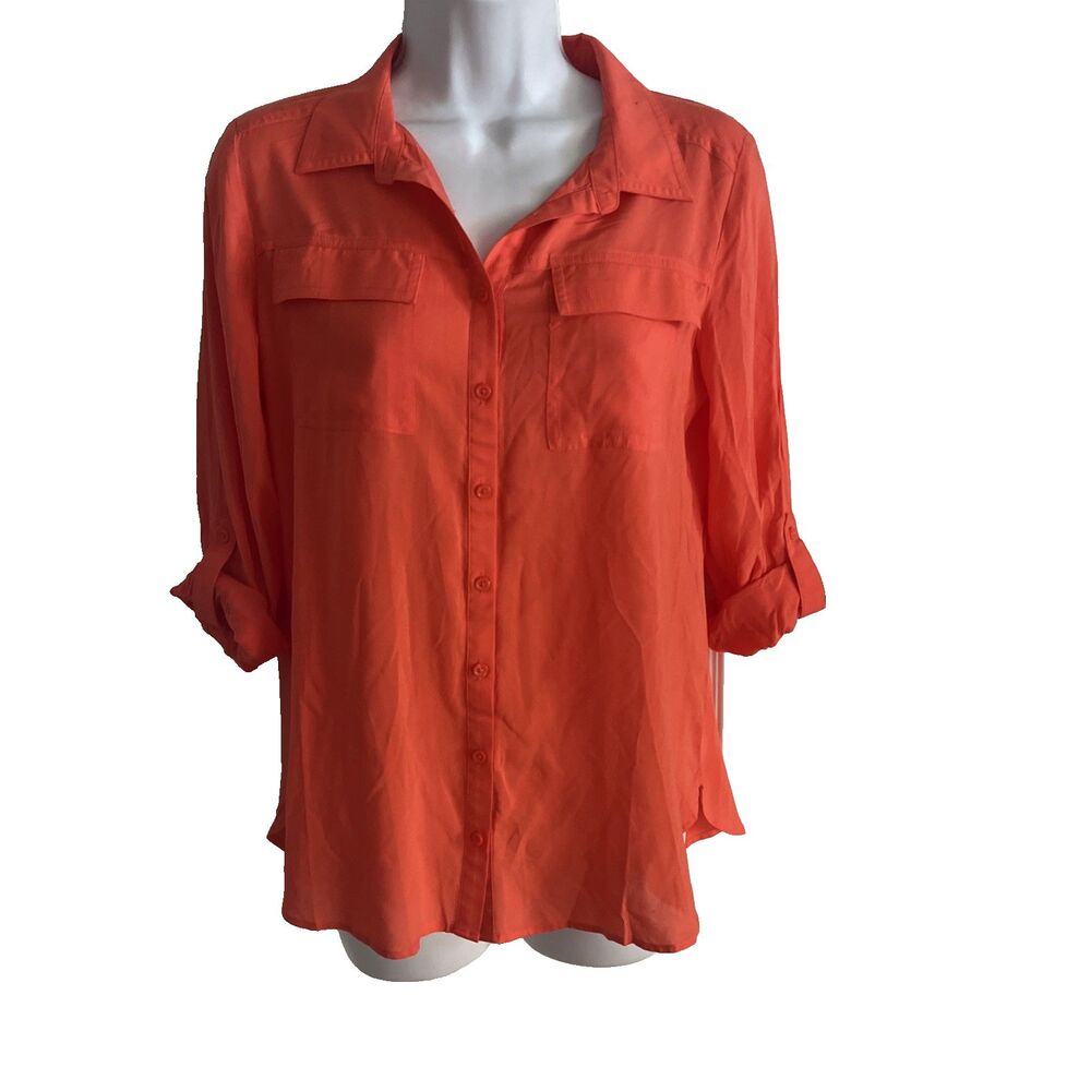 A.N.A. A New Approach Blouse Sz PM Hot Coral Button Up Roll Tab Top Career NWT